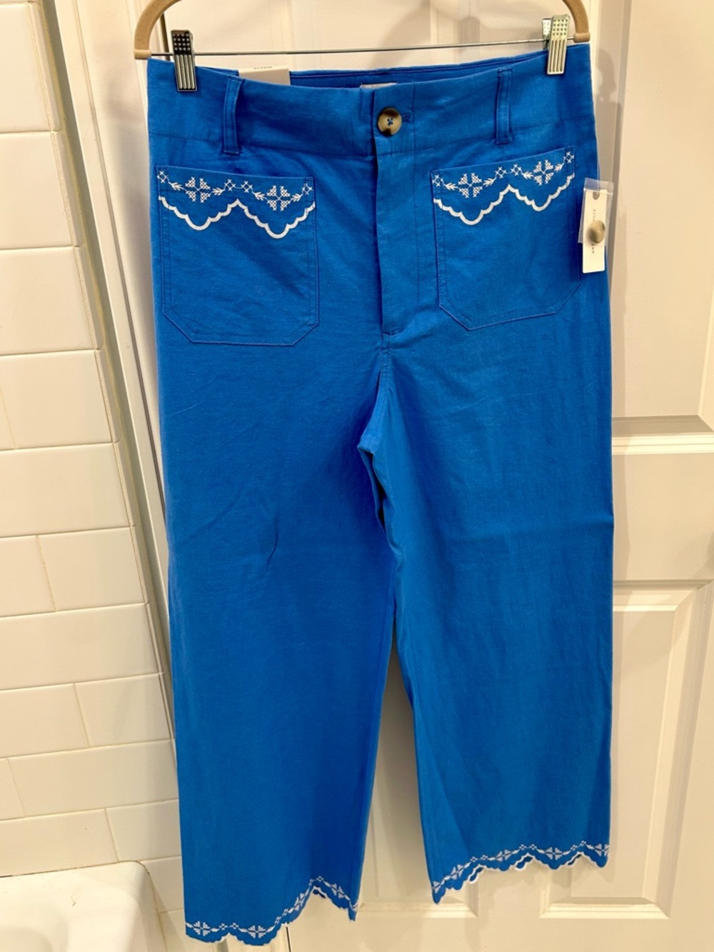 Anthropologie Colette Blue Linen Lace Trim Full Length Wide Leg Pants Maeve 30 - Picture 10 of 12